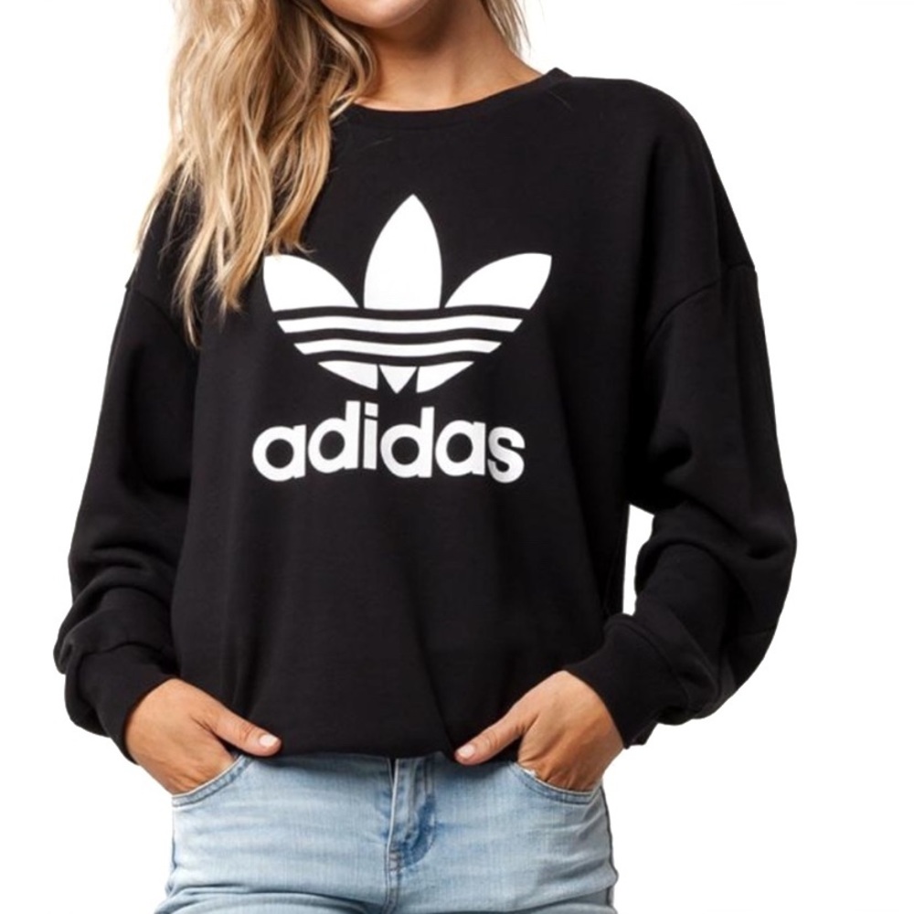 Adidas Black and White Trefoil Signature Crewneck Pullover Sweater Jacket